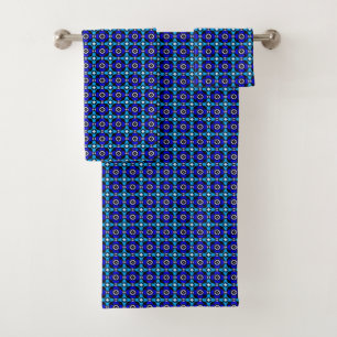 Turquoise and Cobalt Blue Parquet Tile Pattern Bath Towel Set