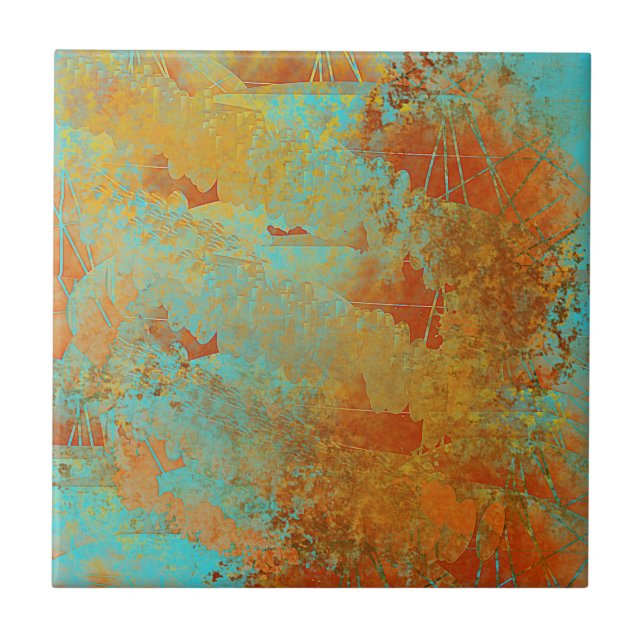 Turquoise and Copper-Red Abstract Tile (Front)