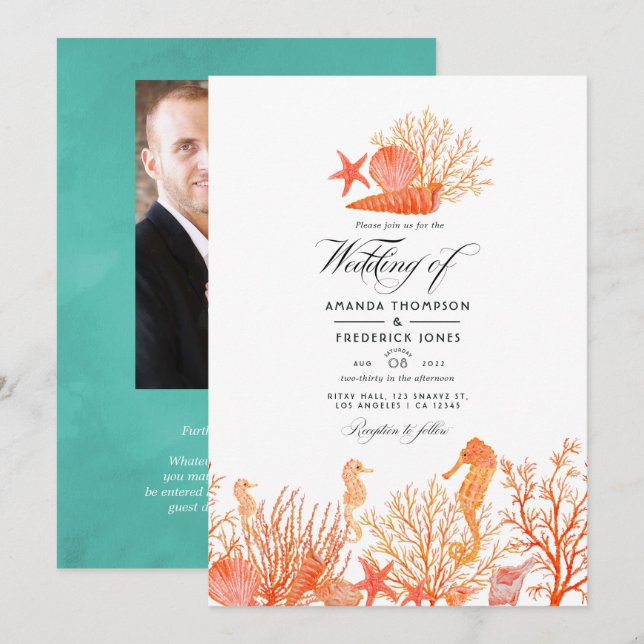 Turquoise and Coral Beach Wedding Photo Invitation (Front/Back)