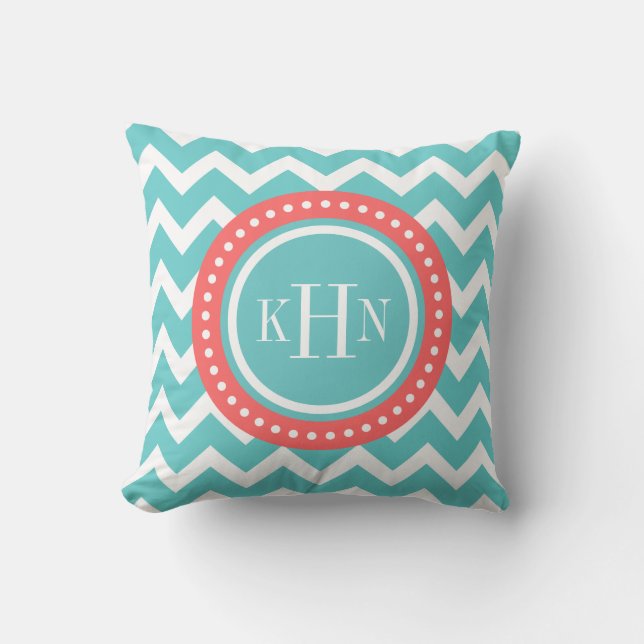 Turquoise and Coral Chevron Monogram Throw Pillow (Front)