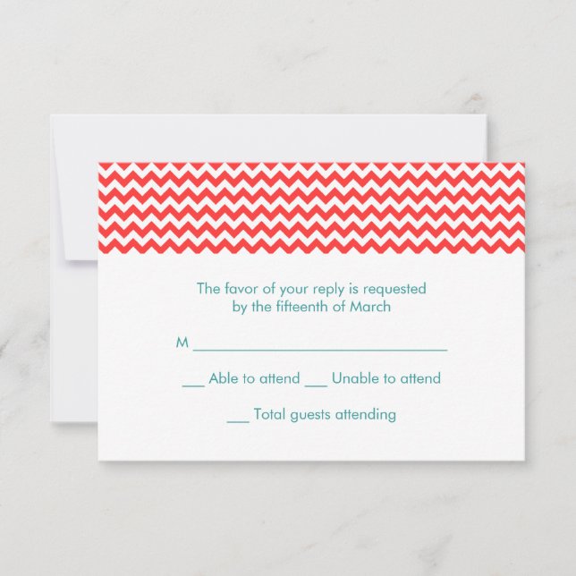 Turquoise and Coral Chevron Wedding RSVP Card (Front)