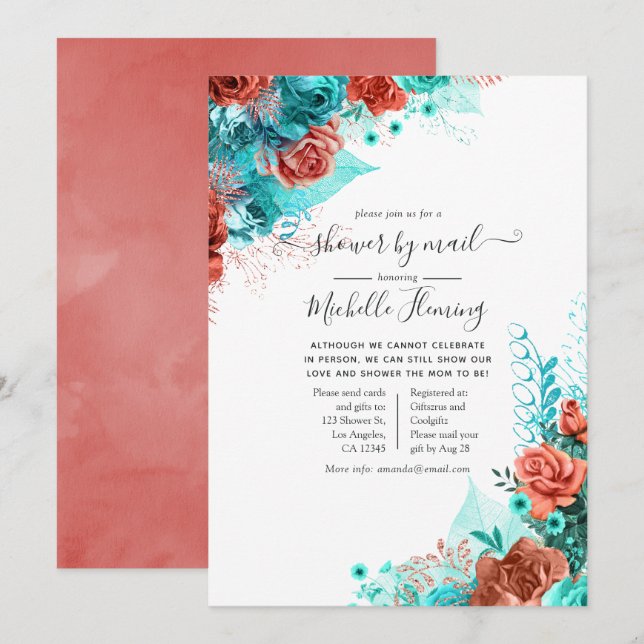 Turquoise and Coral Floral Baby Shower by Mail Invitation (Front/Back)