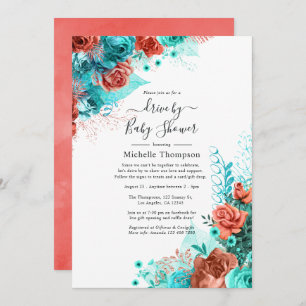 Turquoise and Coral Floral Drive By Shower Invitation