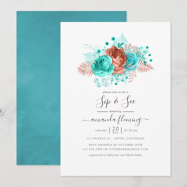 Turquoise and Coral Floral Sip and See Invitation (Front/Back)