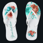 Turquoise and Coral Floral Tropical Wedding Favour Flip Flops<br><div class="desc">Turquoise and coral roses and tropical foliage summer wedding favours designed to be quickly and easily customized to your event specifics.</div>
