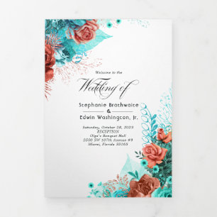 Turquoise and Coral Floral Wedding Program Tri-Fold Invitation