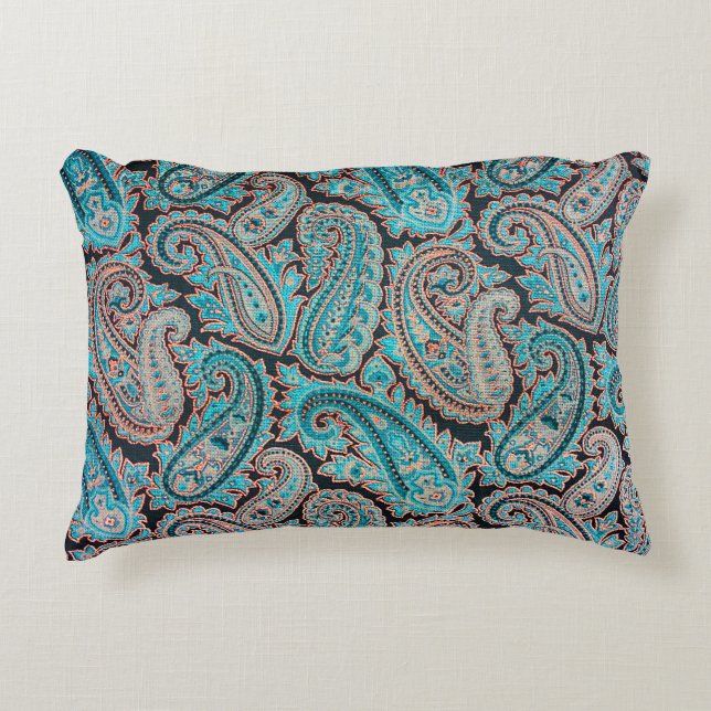 Turquoise and Coral Paisley Accent Pillow (Front)