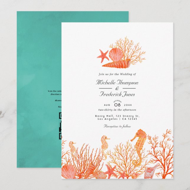 Turquoise and Coral  QR Code RSVP Beach Wedding Invitation (Front/Back)
