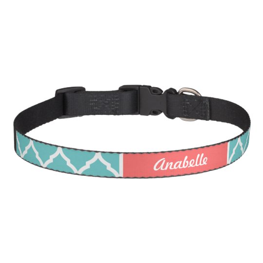 Turquoise and Coral Quatrefoil Monogram Pet Collar