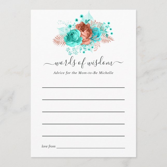 Turquoise and Coral Rustic Floral Baby Shower Advice Card (Front)