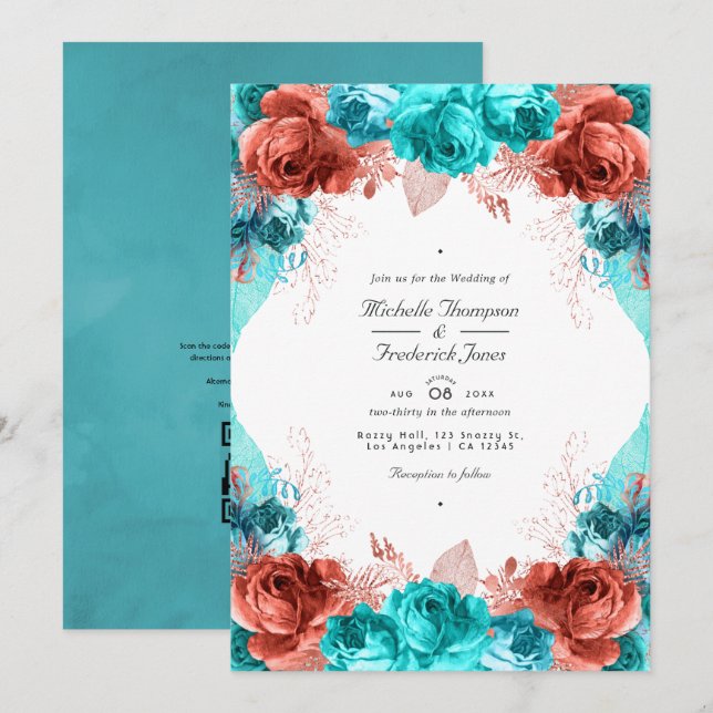Turquoise and Coral Rustic Floral QR Code Wedding Invitation (Front/Back)