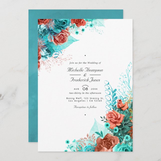 Turquoise and Coral Rustic Floral QR Code Wedding Invitation (Front/Back)