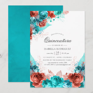 Turquoise and Coral Rustic Floral Quinceañera Invitation