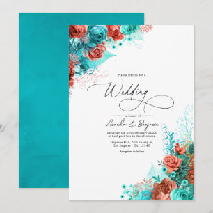 Turquoise and Coral Rustic Floral Wedding Invitation