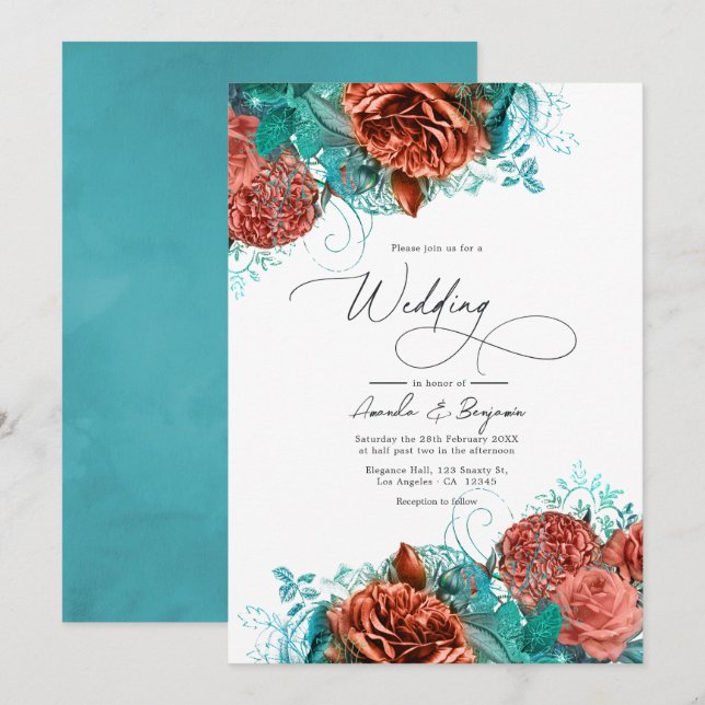 Turquoise and Coral Rustic Floral Wedding Invitation (Front/Back)