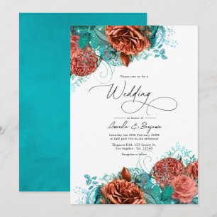Turquoise and Coral Rustic Floral Wedding Invitation
