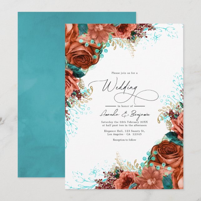 Turquoise and Coral Rustic Floral Wedding Invitation (Front/Back)