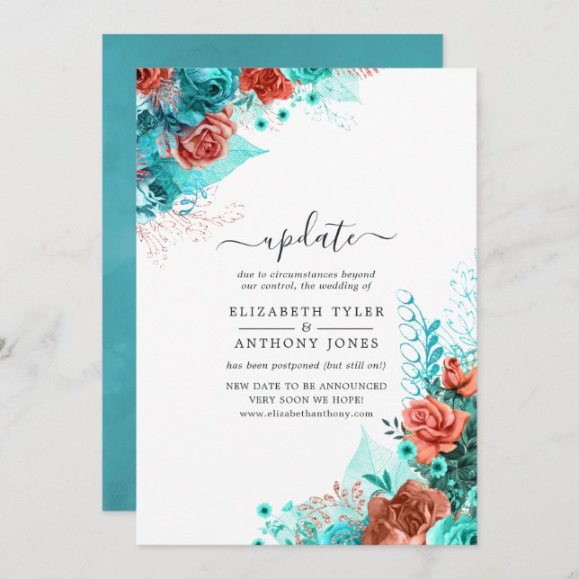 Turquoise and Coral Rustic Floral Wedding Update Invitation (Front/Back)