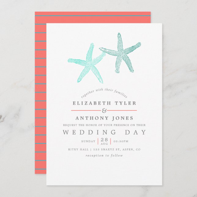 Turquoise and Coral themed Beach Wedding Invitation (Front/Back)