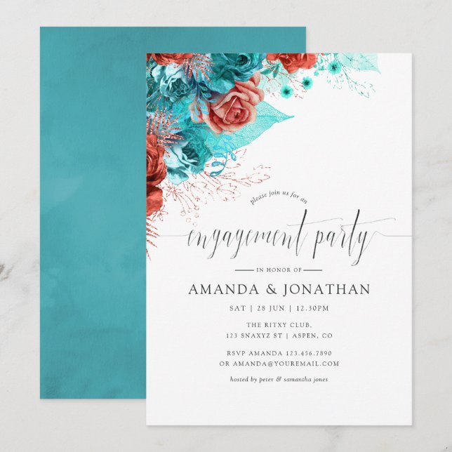 Turquoise and Coral Tropical Engagement Party Invitation (Front/Back)