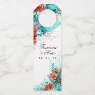 Turquoise and Coral Tropical Floral Wedding Bottle Tag