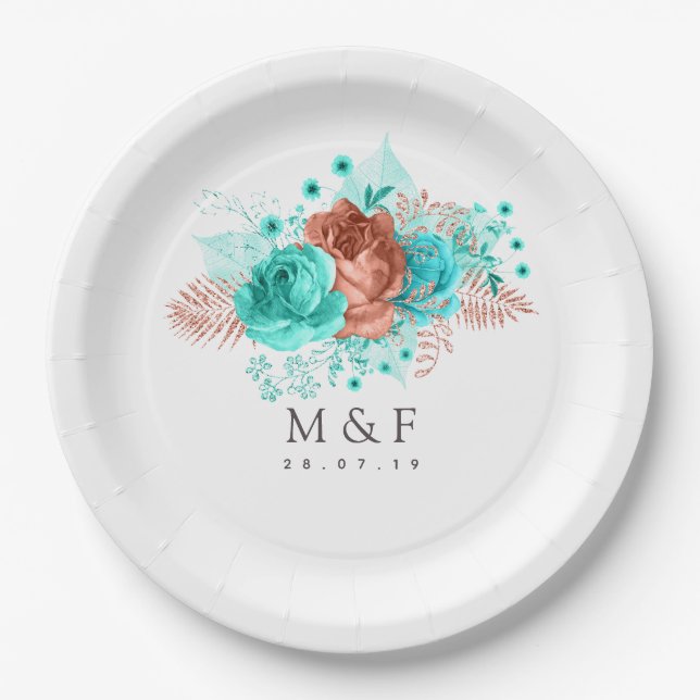 Turquoise and Coral Tropical Floral Wedding Paper Plate (Front)