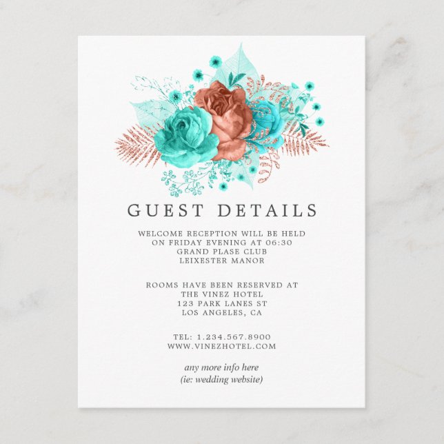 Turquoise and Coral Tropical Wedding Guest Details Enclosure Card (Front)