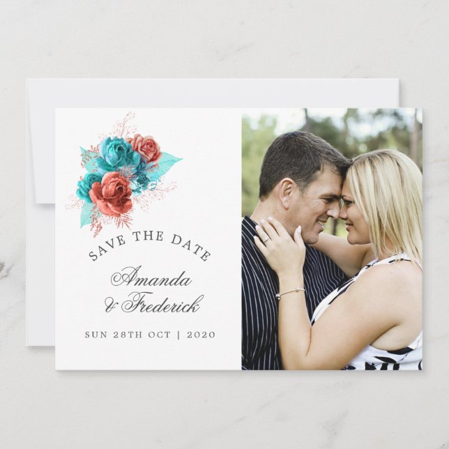 Turquoise and Coral Tropical Wedding Save the Date (Front)