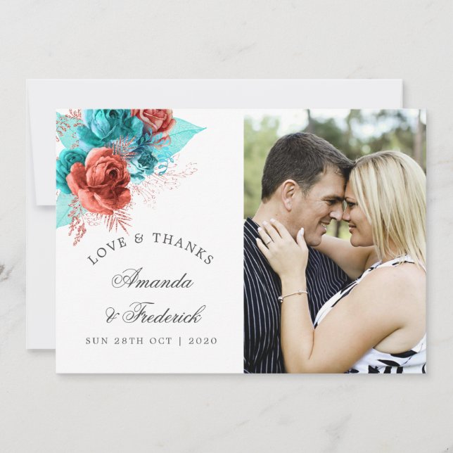Turquoise and Coral Tropical Wedding Thank You (Front)