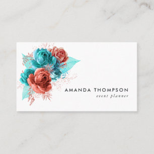 Turquoise and Coral Watercolor Floral Business Card