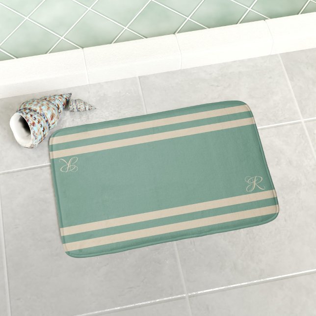 Turquoise and Cream Stripes Elegant Monogram Bath Mat (An ocean green bath mat with sailor stripes and your initial. Available in 3 sizes - S, M & L)