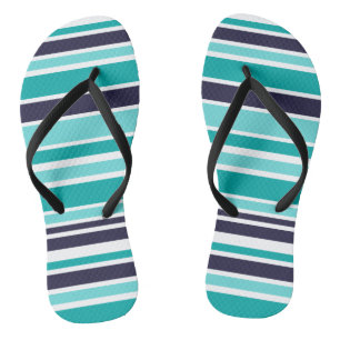 Turquoise And Dark Blue Striped Flip Flops
