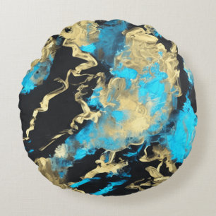Turquoise and Gold Abstract Art    Round Pillow