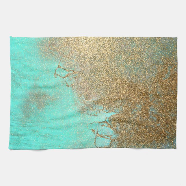 Turquoise and Gold Abstract Beach Wave Glitter Kitchen Towel (Horizontal)