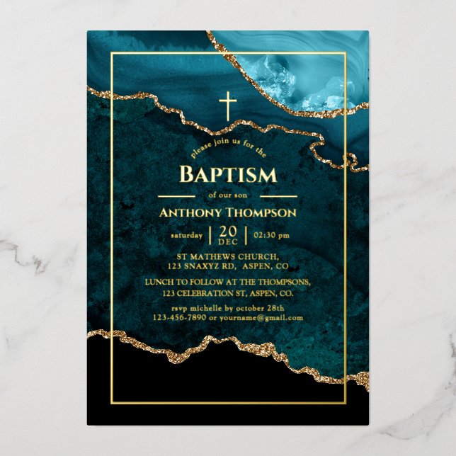 Turquoise and Gold Agate Baptism Foil Invitation (Front)