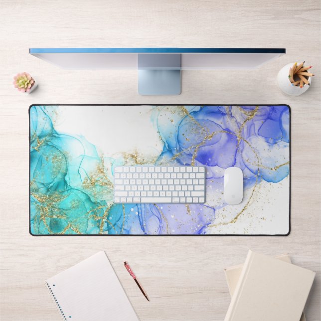 Turquoise and Gold Alcohol Ink Desk Mat (Office 1)