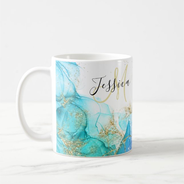 Turquoise and Gold Alcohol Ink & Name Coffee Mug (Left)