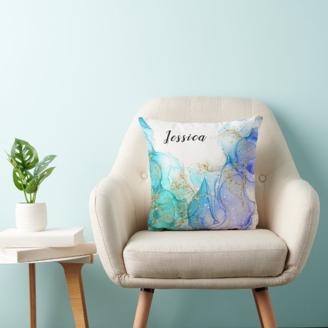 Turquoise and Gold Alcohol Ink & Name Throw Pillow (Chair)