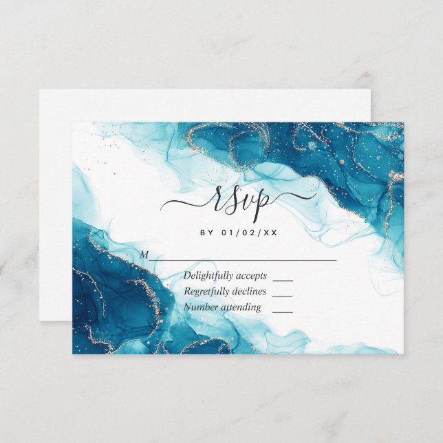 Turquoise and Gold Alcohol Ink Wedding RSVP Card (Front/Back)