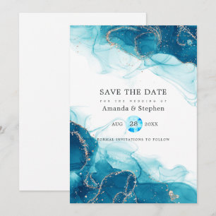 Turquoise and Gold Alcohol Ink Wedding Save The Date