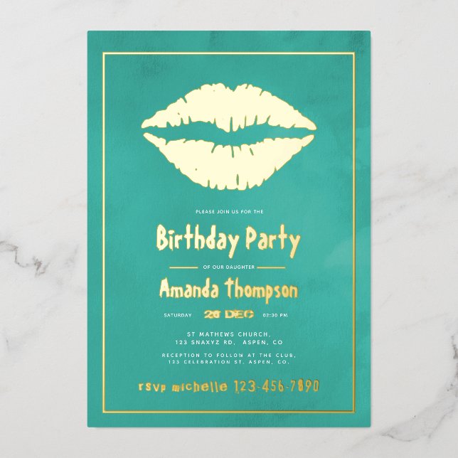 Turquoise and Gold Birthday Kiss Lips (Front)
