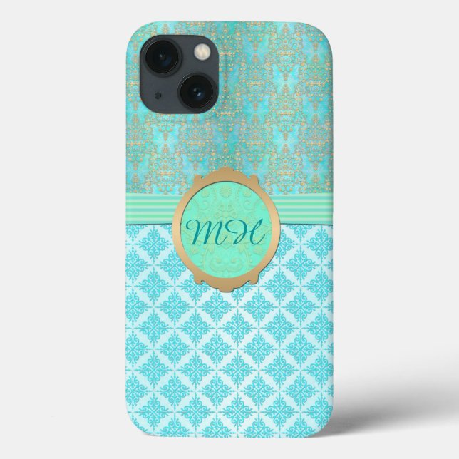 Turquoise and Gold Damask Custom Monogram Pattern Case-Mate iPhone Case (Back)