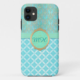 Turquoise and Gold Damask Custom Monogram Pattern iPhone 11 Case