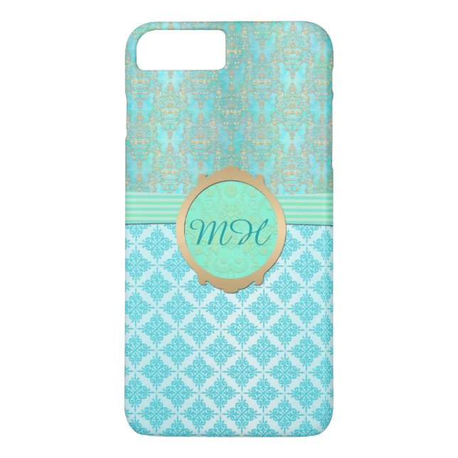 Turquoise and Gold Damask Custom Monogram Pattern Case-Mate iPhone Case (Back)