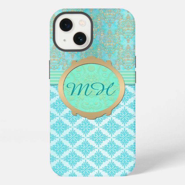 Turquoise and Gold Damask Custom Monogram Pattern iPhone Case (Back)