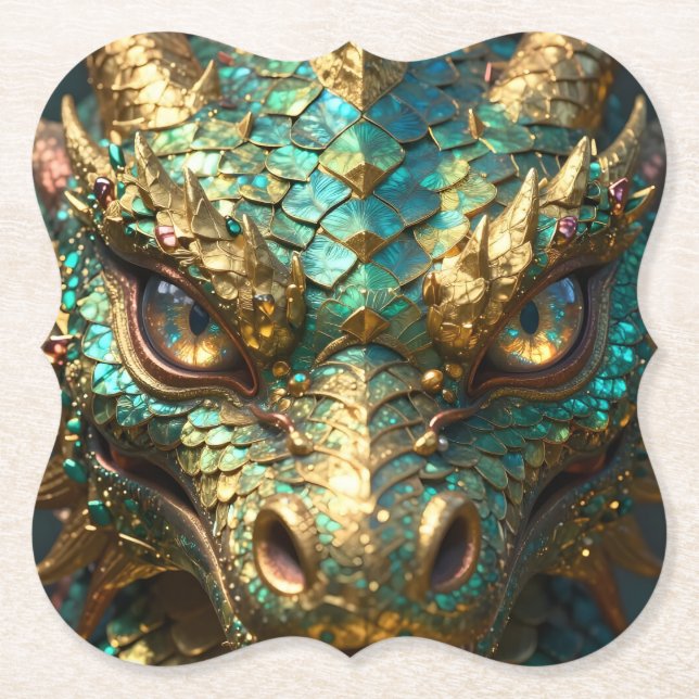 Turquoise and Gold Dragon Face Paper Coaster (Front)