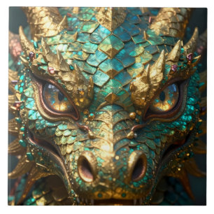 Turquoise and Gold Dragon Face Tile