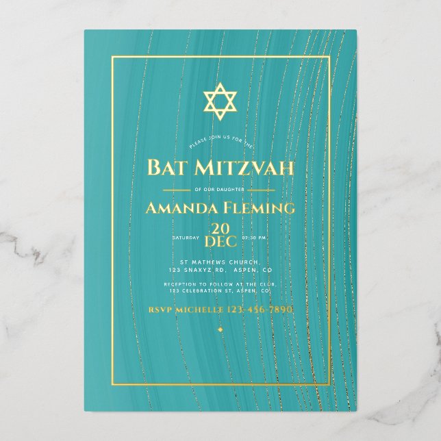 Turquoise and Gold Faux Agate Bat Mitzvah Photo Fo (Front)