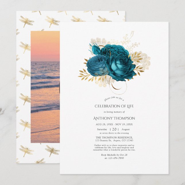 Turquoise and Gold Floral Celebration of Life  Invitation (Front/Back)