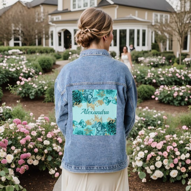 Turquoise and Gold Floral Denim Jacket (Wedding Back)